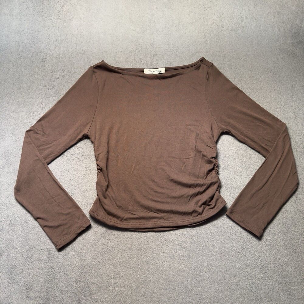 Vine and Valley Womens XL Brown Ruched Crop Top Stretch Long Sleeve NWT